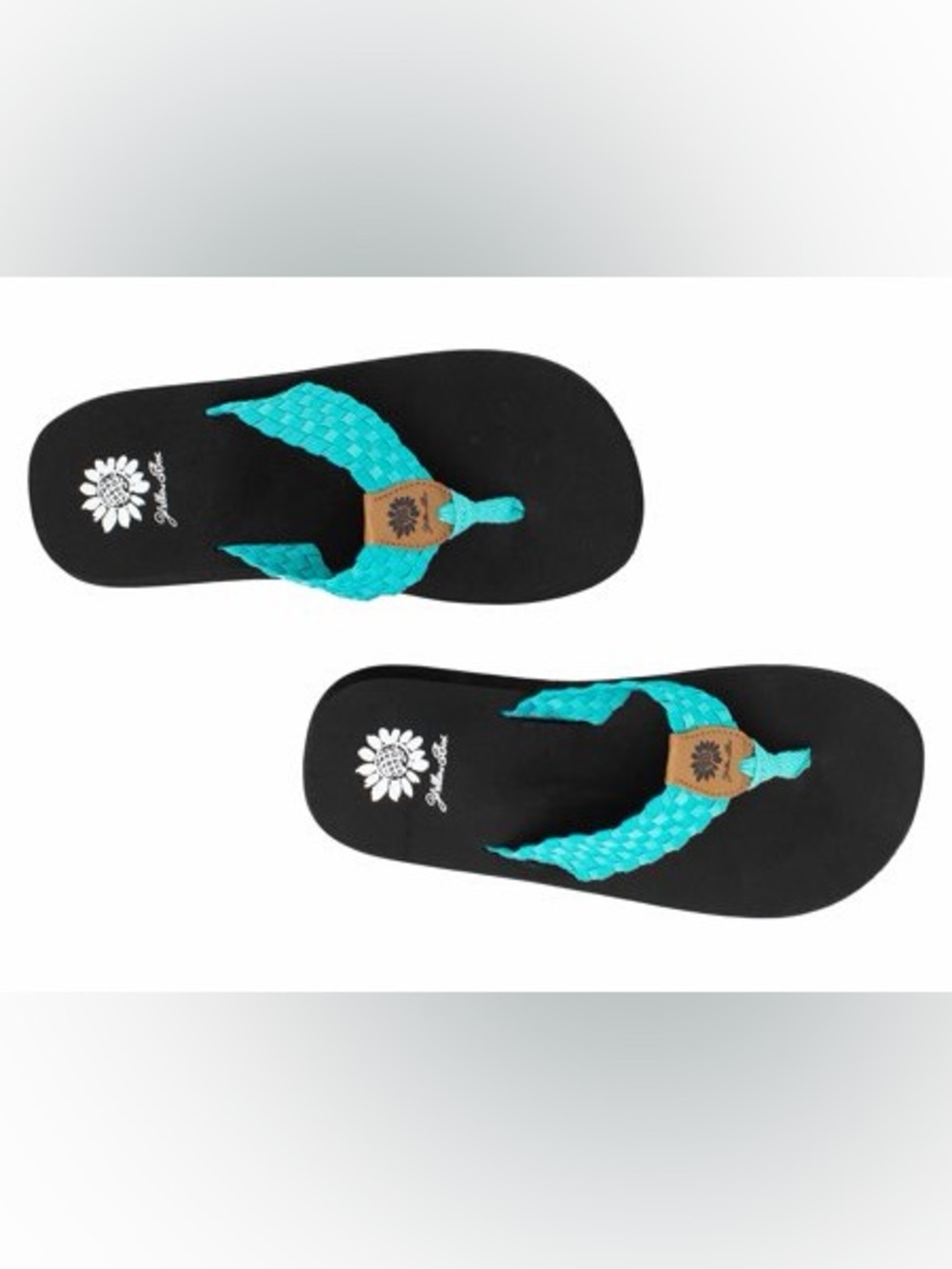 Yellow Box Black Flip Flops with Teal Braided Straps